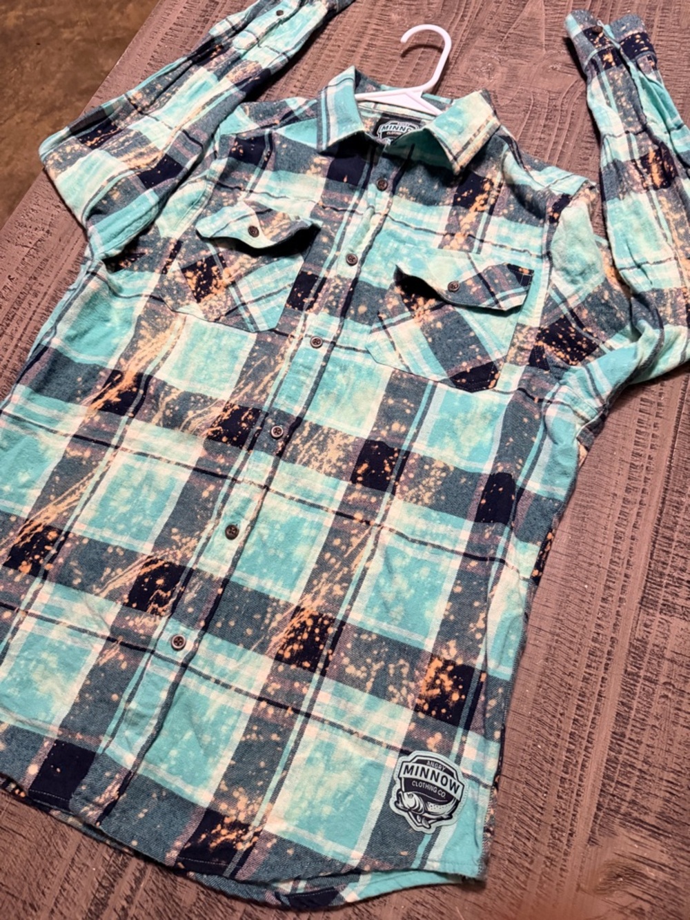 Angry Minnow Teal Plaid Button-Down Shirt Unicorn & Phrase on Back - Picture 3 of 12